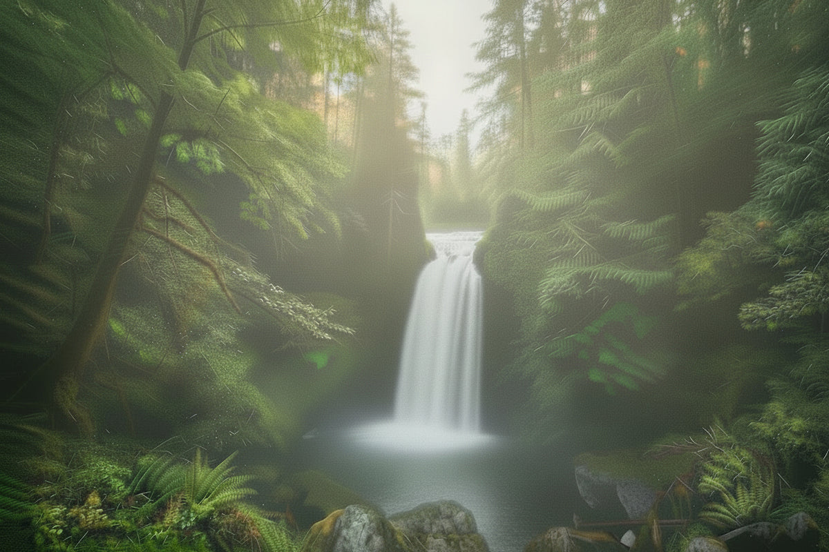 White bird flying over a waterfall in a lush green forest